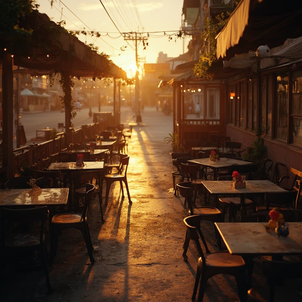 Empty restaurant terrace at sunset in Miami Beach with abandoned tables and chairs, empty streets in the background, bathed in soft golden light