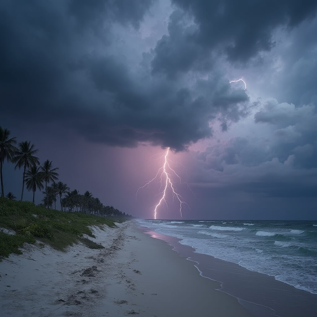 Incoming thunderstorm over a deserted Cocoa Beach with dark gray-purple clouds, distant lightning, choppy waves, and wind-blown palm trees in a dramatic atmospheric tension scene.