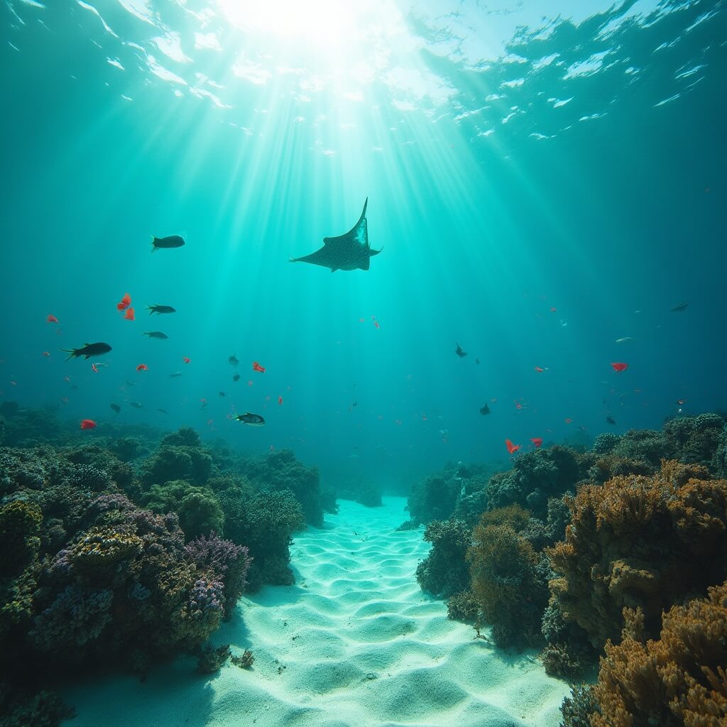 Underwater scene at Biscayne National Park with colorful coral reefs, tropical fish, spotted eagle rays and beams of sunlight illuminating the sandy bottom