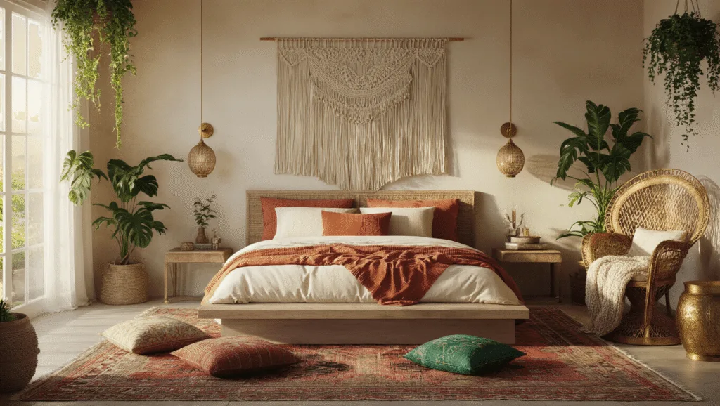 Boho Bedroom Design: Create Your Ultimate Relaxed Sanctuary A sunlit boho bedroom featuring a low-profile bed with layered textiles, a macramé wall hanging, scattered jewel-toned cushions, and abundant plants, all illuminated by warm string lights and paper lanterns.