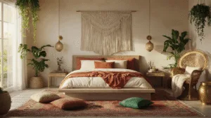 A sunlit boho bedroom featuring a low-profile bed with layered textiles, a macramé wall hanging, scattered jewel-toned cushions, and abundant plants, all illuminated by warm string lights and paper lanterns.