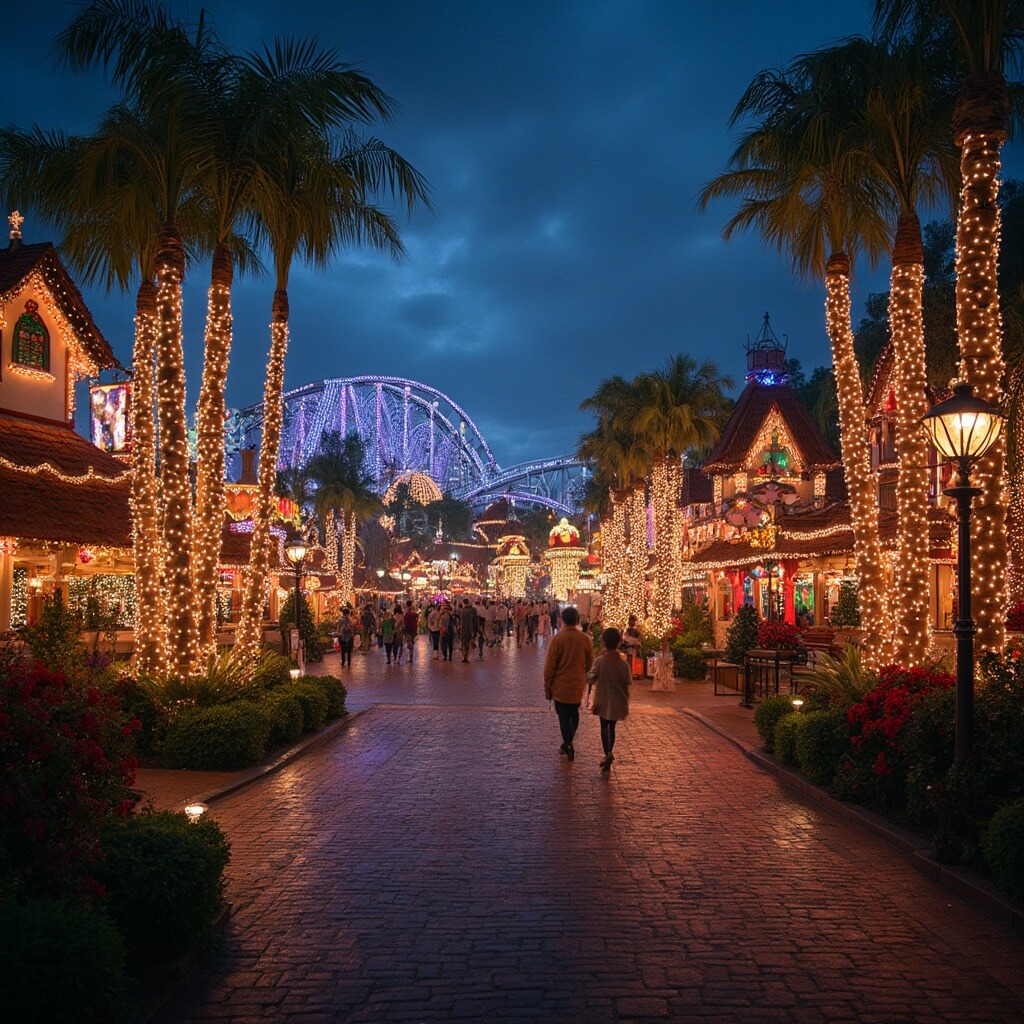 Festive Christmas town at Busch Gardens with holiday decorations, twinkling lights, roller coaster tracks in distance, and magical holiday lighting in a warm evening atmosphere