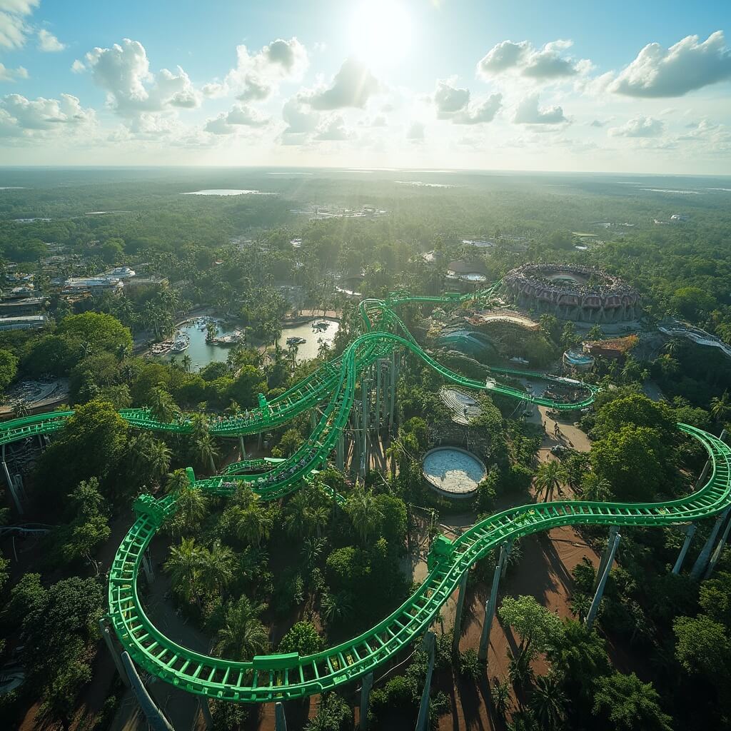 Aerial view of Busch Gardens Tampa featuring lush landscapes, green roller coaster tracks, animal habitats, and a clear blue sky