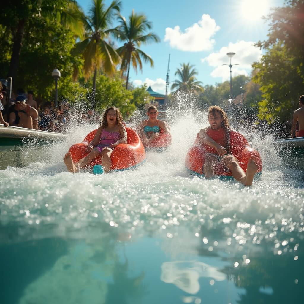 Excited visitors on refreshing water ride at Busch Gardens, sunlight creating dramatic effects on clear water and lush tropical vegetation