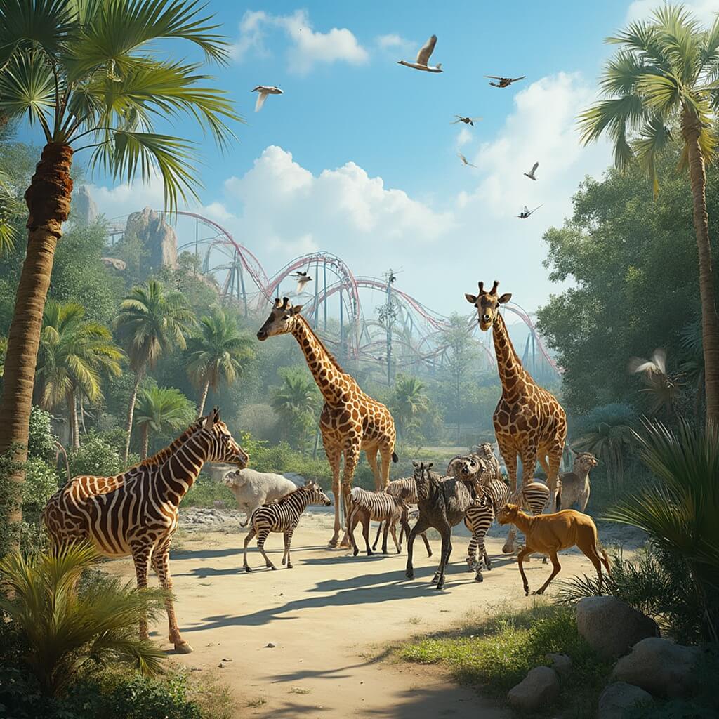 Exotic wildlife including giraffes and zebras in naturalistic habitat at Busch Gardens Tampa Bay with roller coasters in background, under bright Florida sunlight amidst lush green vegetation in perfect February weather conditions