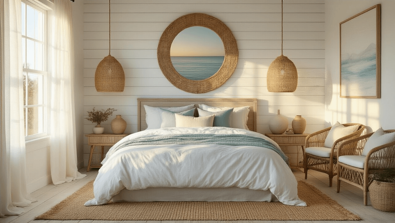 A serene coastal bedroom with warm golden hour sunlight illuminating a king-sized bed, featuring crisp linens and a weathered shiplap wall, complemented by woven decor and natural textures.