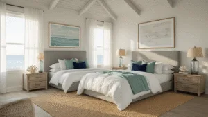 Photorealistic master bedroom with golden hour sunlight, featuring a king-sized bed with layered white and sea glass green linens, weathered gray headboard, decorative pillows, jute rug, oak nightstands, and coastal artwork, captured from a low corner angle with soft depth of field.