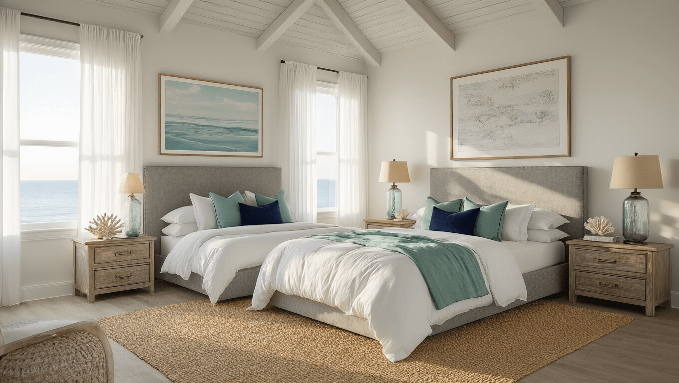 Photorealistic master bedroom with golden hour sunlight, featuring a king-sized bed with layered white and sea glass green linens, weathered gray headboard, decorative pillows, jute rug, oak nightstands, and coastal artwork, captured from a low corner angle with soft depth of field.
