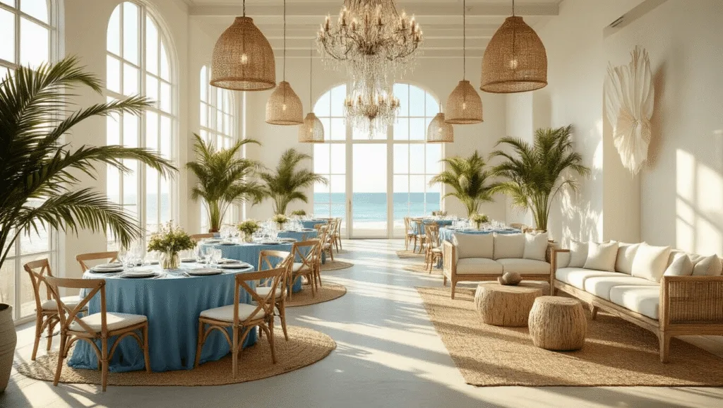 Florida Event Decor: Transforming Ordinary Spaces into Extraordinary Experiences Photorealistic coastal-chic corporate ballroom with white-washed tables, azure blue linens, crystal chandeliers, and cream sofas, illuminated by golden hour sunlight through floor-to-ceiling windows, featuring organic shadows from palm fronds on pearl-white walls, in an elegant luxury atmosphere.