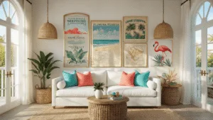 Photorealistic coastal living room with vintage Florida travel posters on a gallery wall, sunlit white linen sofa with coral and turquoise pillows, natural woven pendant lights, and herringbone wood floors reflecting golden hour light.