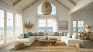 A photorealistic interior shot of a spacious coastal living room featuring cathedral ceilings, golden hour sunlight streaming through floor-to-ceiling windows, a plush ivory L-shaped sectional with seafoam green and sand-colored pillows, a weathered driftwood coffee table on a natural jute rug, and an oversized rattan pendant light. The room has white shiplap walls and minimal coastal artwork, complemented by glass vases of dried pampas grass and billowing white gauzy curtains, captured in high detail with a soft bokeh effect.