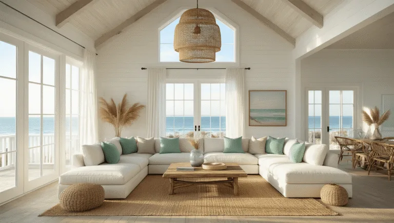 A photorealistic interior shot of a spacious coastal living room featuring cathedral ceilings, golden hour sunlight streaming through floor-to-ceiling windows, a plush ivory L-shaped sectional with seafoam green and sand-colored pillows, a weathered driftwood coffee table on a natural jute rug, and an oversized rattan pendant light. The room has white shiplap walls and minimal coastal artwork, complemented by glass vases of dried pampas grass and billowing white gauzy curtains, captured in high detail with a soft bokeh effect.