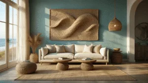 Cinematic wide-angle shot of a sophisticated coastal living room featuring a large recycled lobster rope wave sculpture, with natural sunlight illuminating a cream linen sofa, rattan pendant light, and layered textures of grasscloth wallpaper and jute rug.