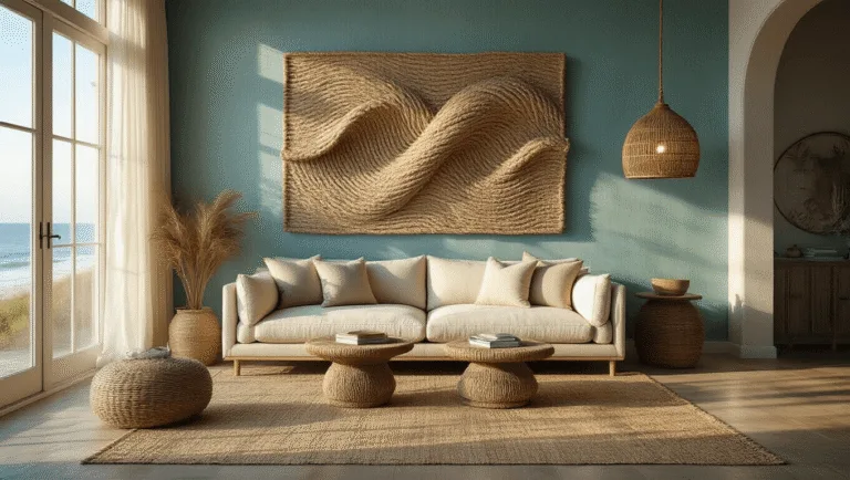 Cinematic wide-angle shot of a sophisticated coastal living room featuring a large recycled lobster rope wave sculpture, with natural sunlight illuminating a cream linen sofa, rattan pendant light, and layered textures of grasscloth wallpaper and jute rug.