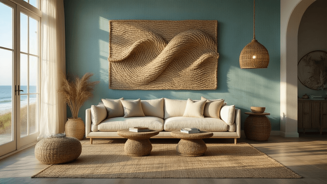 Cinematic wide-angle shot of a sophisticated coastal living room featuring a large recycled lobster rope wave sculpture, with natural sunlight illuminating a cream linen sofa, rattan pendant light, and layered textures of grasscloth wallpaper and jute rug.