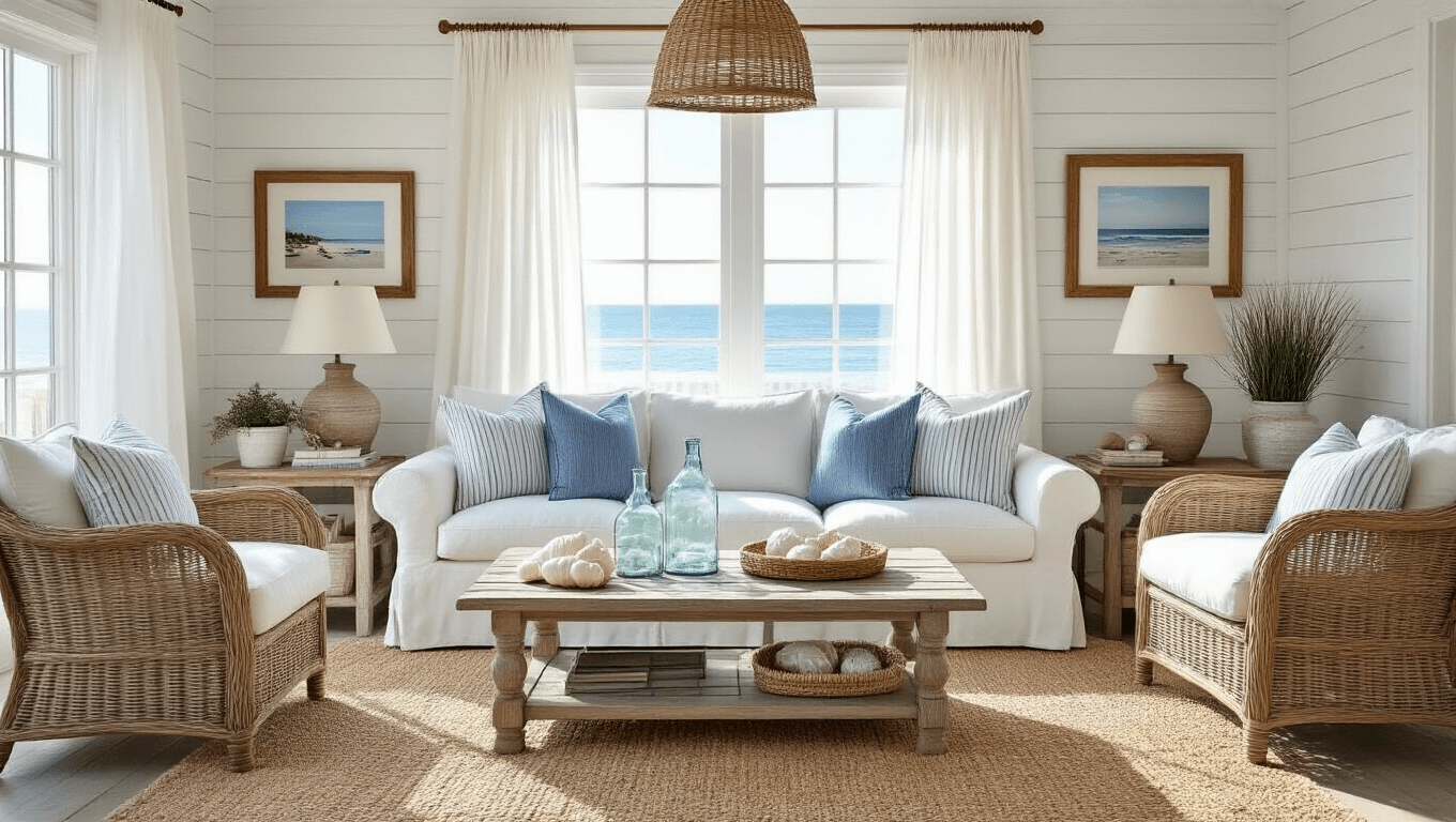 Cinematic wide-angle shot of a sunlit coastal living room with vaulted white-beam ceilings, featuring a plush white L-shaped sofa, layered pillows, natural jute and vintage blue rugs, and a driftwood coffee table. Bright rattan armchair and sheer linen curtains accent large windows; weathered gray shiplap wall showcases a rope-framed mirror and glass pendant lights, all set in soft depth of field.