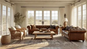 Photorealistic sun-drenched living room featuring a distressed cognac leather Chesterfield sofa, weathered rattan armchairs, and a bleached oak coffee table, accented by vintage rugs, a macramé wall hanging, and decorative pillows, embodying a coastal-western design aesthetic.