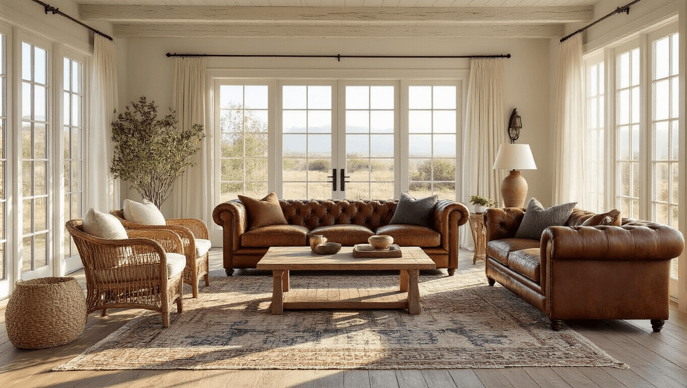 Photorealistic sun-drenched living room featuring a distressed cognac leather Chesterfield sofa, weathered rattan armchairs, and a bleached oak coffee table, accented by vintage rugs, a macramé wall hanging, and decorative pillows, embodying a coastal-western design aesthetic.