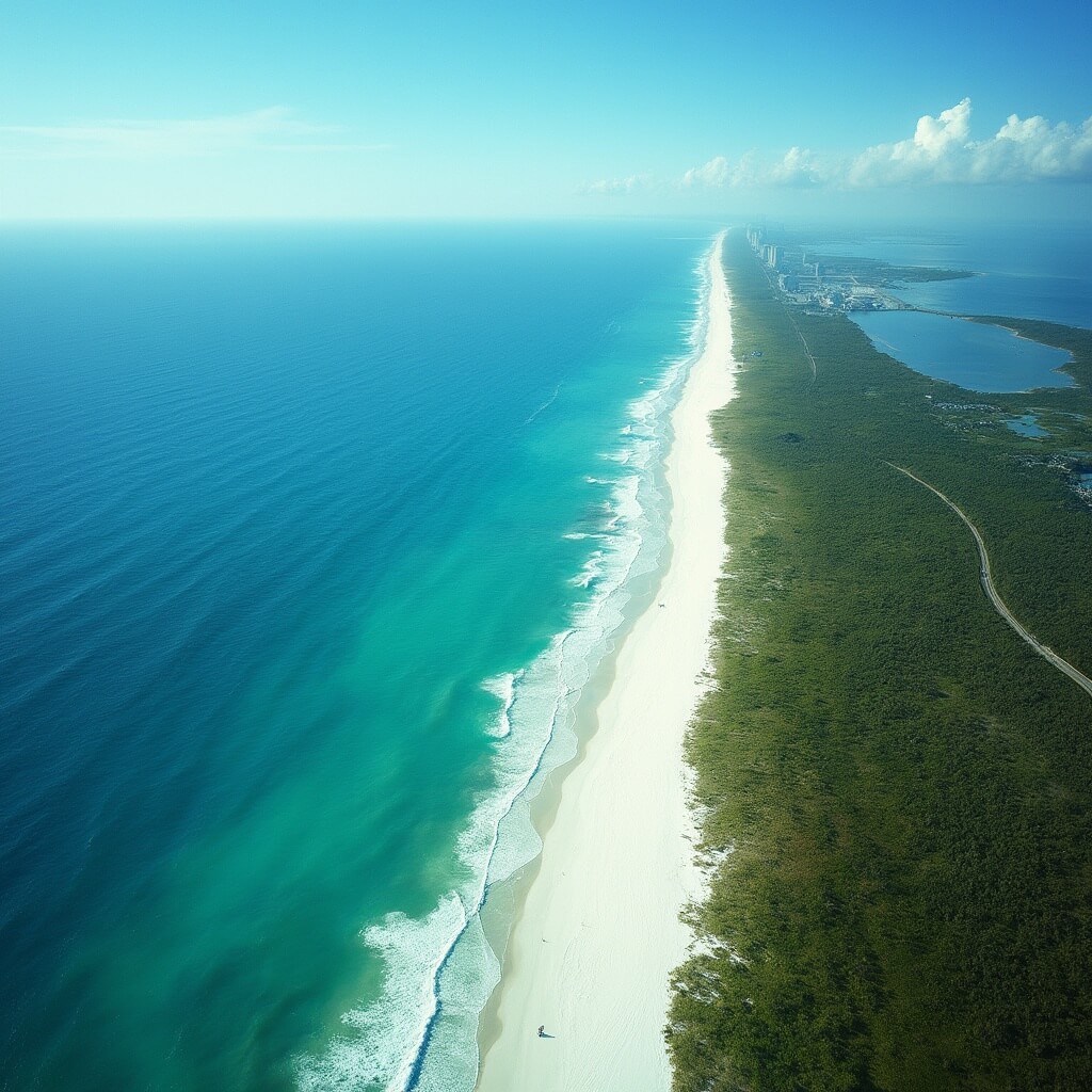 Aerial drone view of Cocoa Beach, Florida showing blue ocean, sandy shoreline, green vegetation, Kennedy Space Center launch pads, and bright summer sunlight