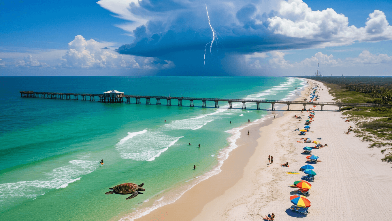 "Aerial view of Cocoa Beach on a sunny day, featuring turquoise waters, golden sand with colorful beach umbrellas, sea turtle nesting, surfers in the distance, Cocoa Beach Pier, approaching storm cloud, rocket launch from Kennedy Space Center"