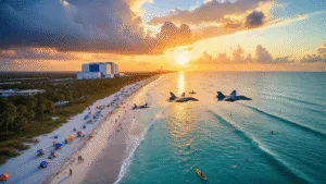 "Aerial sunset view of Cocoa Beach with F-22 Raptors in flight, surfers, colorful umbrellas, palm trees, thunderclouds and Kennedy Space Center in distance."