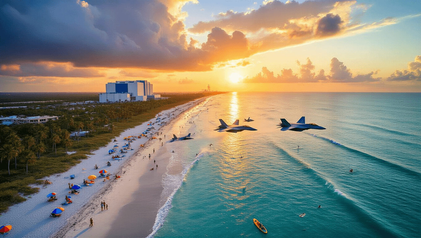 "Aerial sunset view of Cocoa Beach with F-22 Raptors in flight, surfers, colorful umbrellas, palm trees, thunderclouds and Kennedy Space Center in distance."