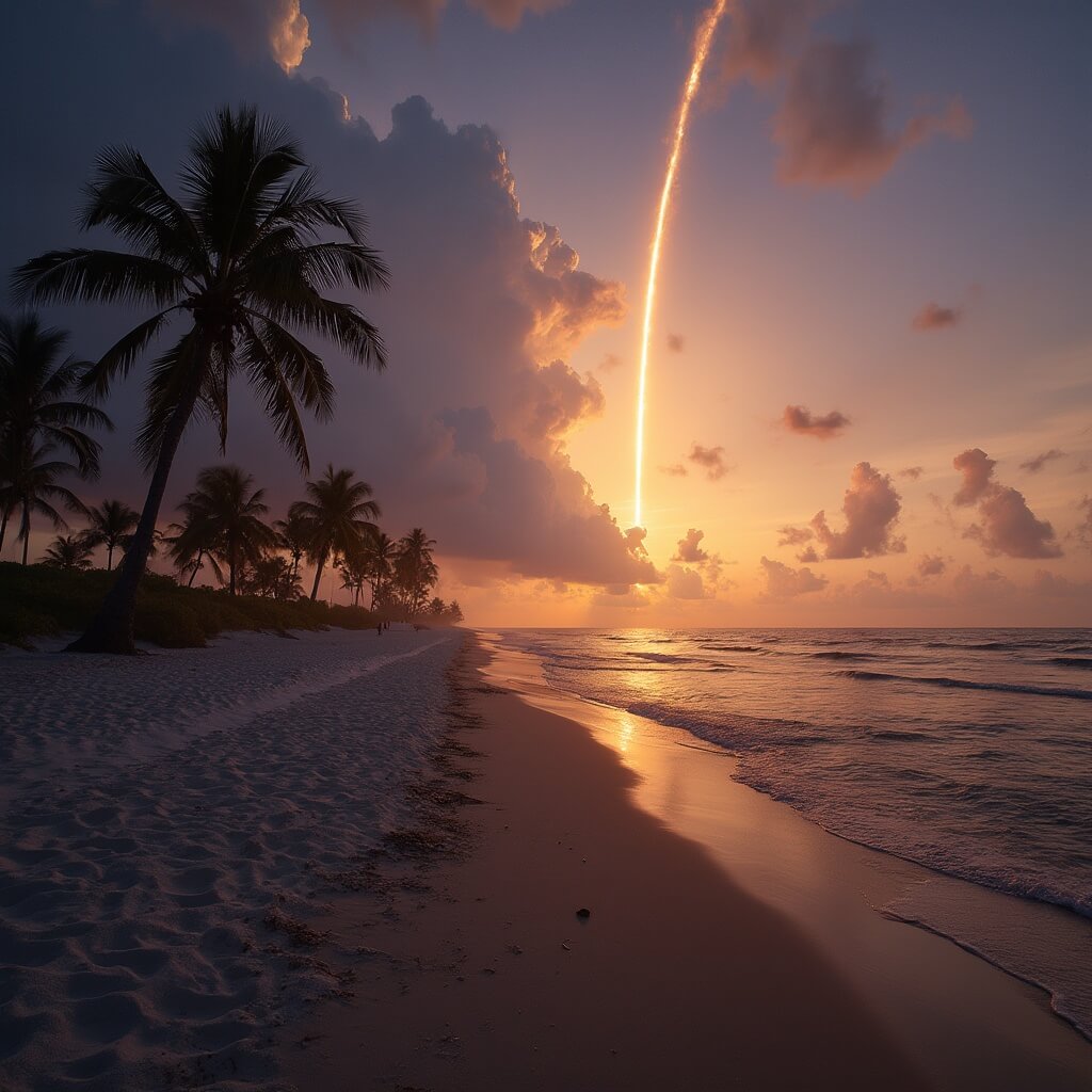 Sunset at Cocoa Beach with palm trees, golden sand, gentle waves, a rocket launching in the distance from Kennedy Space Center, a few beachgoers, and looming storm clouds.