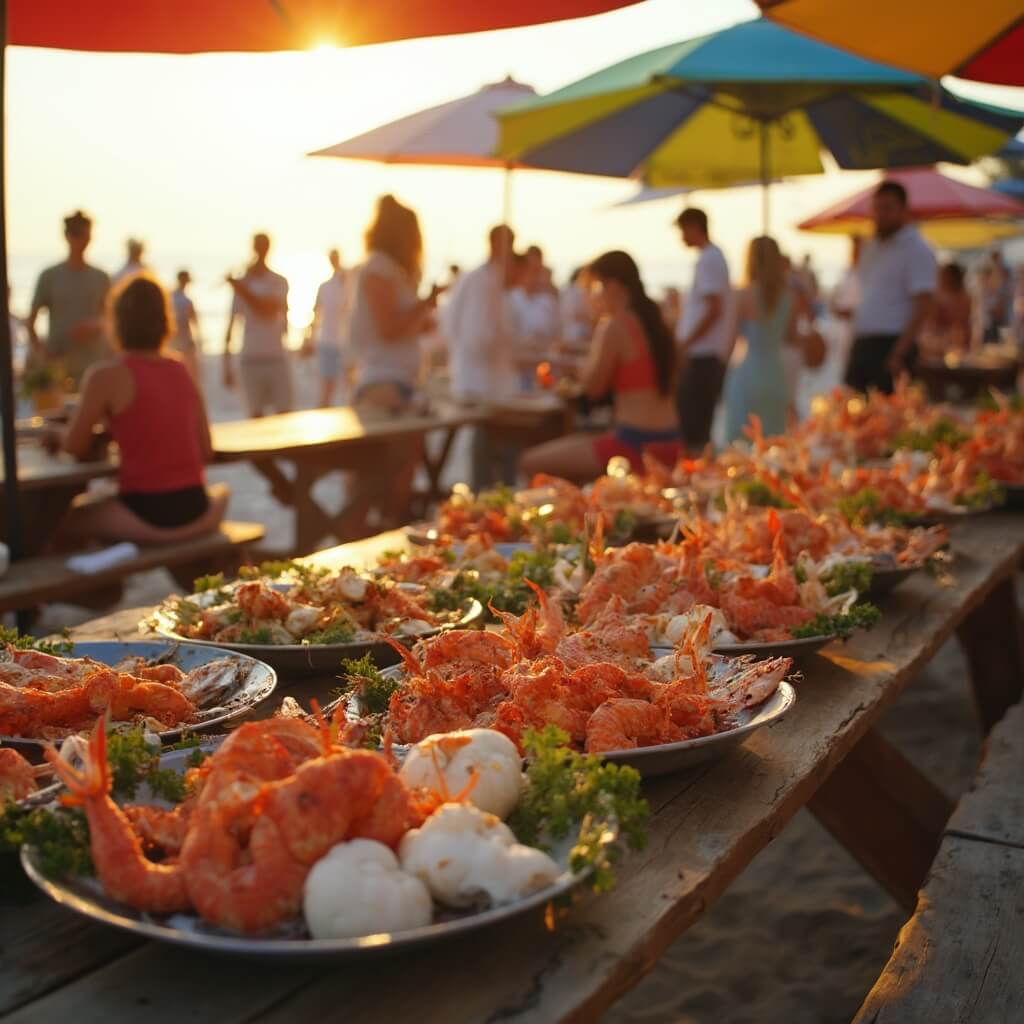 Local seafood festival at Cocoa Beach with filled wooden picnic tables, musicians, colorful umbrellas, and crowd of diverse locals and tourists, with softly focused sand and ocean background