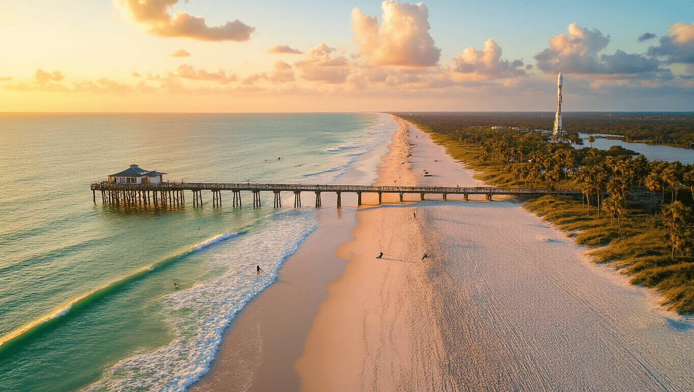 "Aerial view of Cocoa Beach Pier at sunset in October, surfers in the turquoise ocean, palm trees lining the beach, and a distant view of Kennedy Space Center's rocket launch pad, in a high-resolution, photorealistic cinematographic style."