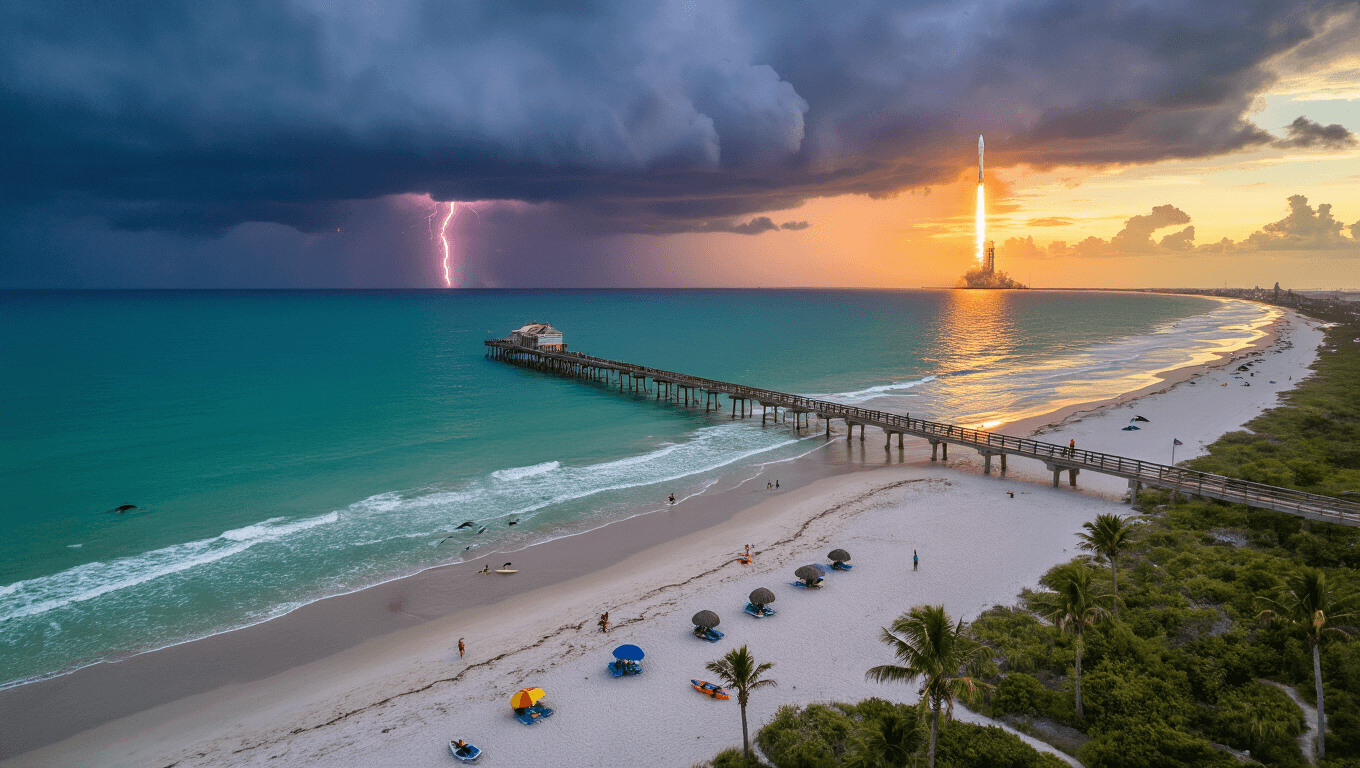 "Cocoa Beach at sunset with pier extending into the Atlantic Ocean, storm clouds and lightning in the distance, a SpaceX rocket launching from Kennedy Space Center, scattered surfers and umbrellas on the beach, leaping bottlenose dolphins, foreground palm trees, kayakers in the Thousand Islands mangroves, and soaring seabirds, highlighting the uncrowded beach and the blend of natural beauty and space-age elements."