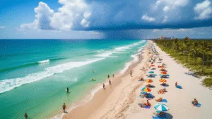 "Aerial view of a vibrant summer scene at Cocoa Beach with turquoise ocean waves meeting golden sandy shores, colorful beach umbrellas, towels, and palm trees, beachgoers enjoying water activities and beach volleyball, storm clouds building in the distance, Cocoa Beach Pier in frame, and heat waves rising from sand."