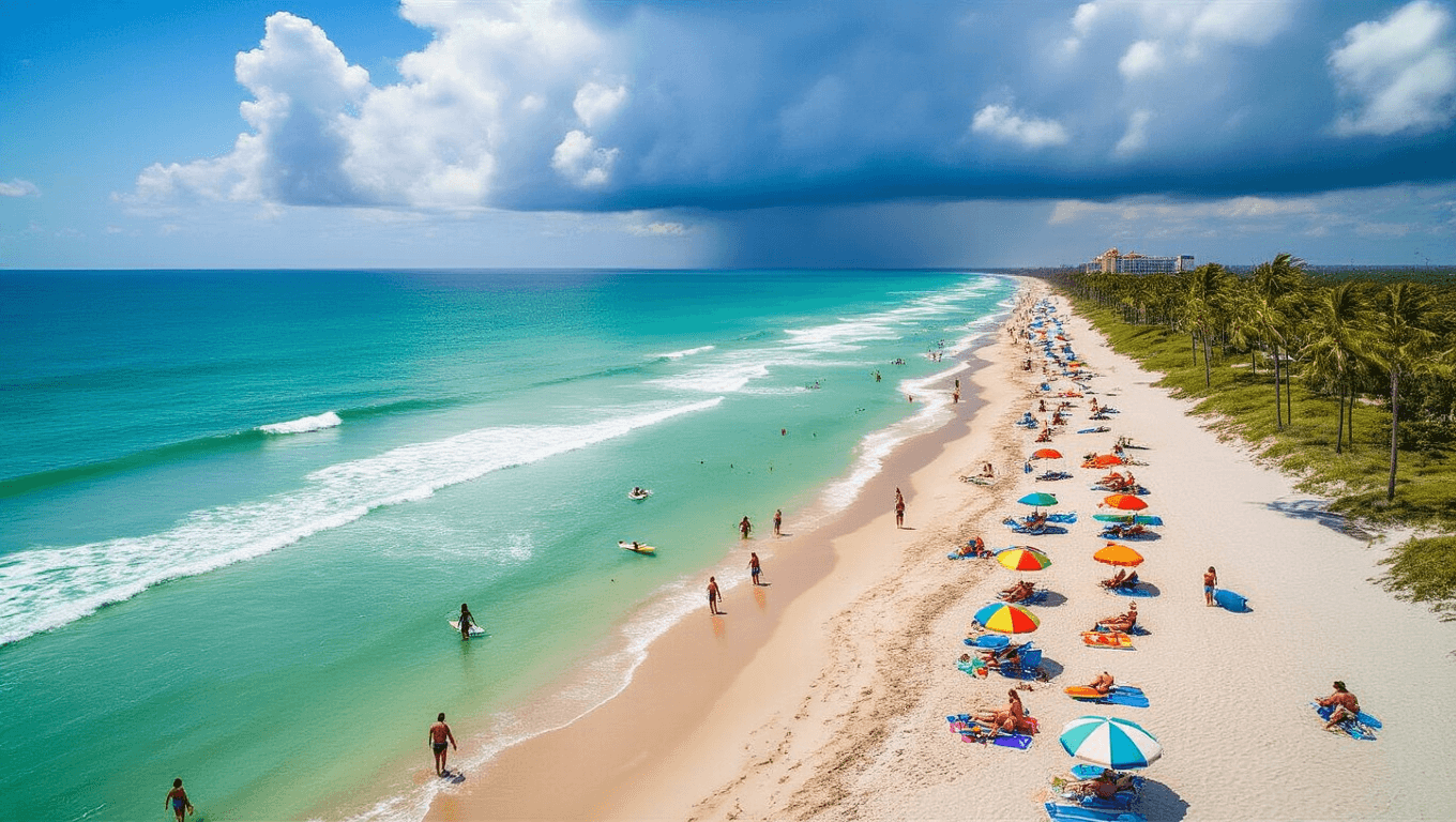 "Aerial view of a vibrant summer scene at Cocoa Beach with turquoise ocean waves meeting golden sandy shores, colorful beach umbrellas, towels, and palm trees, beachgoers enjoying water activities and beach volleyball, storm clouds building in the distance, Cocoa Beach Pier in frame, and heat waves rising from sand."