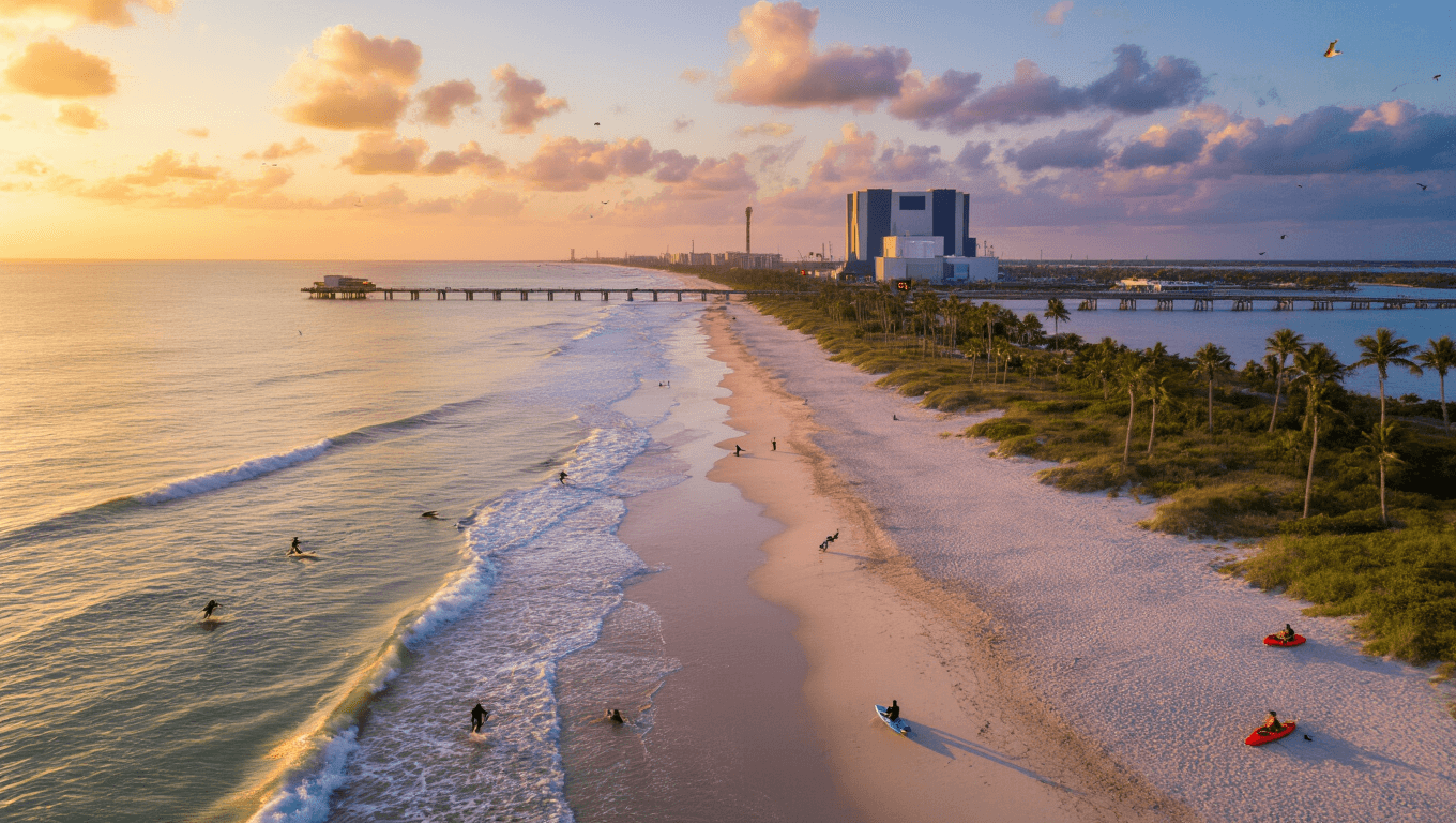 "Aerial view of Cocoa Beach at sunset with surfers, dolphins, the Kennedy Space Center, palm trees, Cocoa Beach Pier, kayakers, and birds, with a beachside temperature board displaying 76°F."