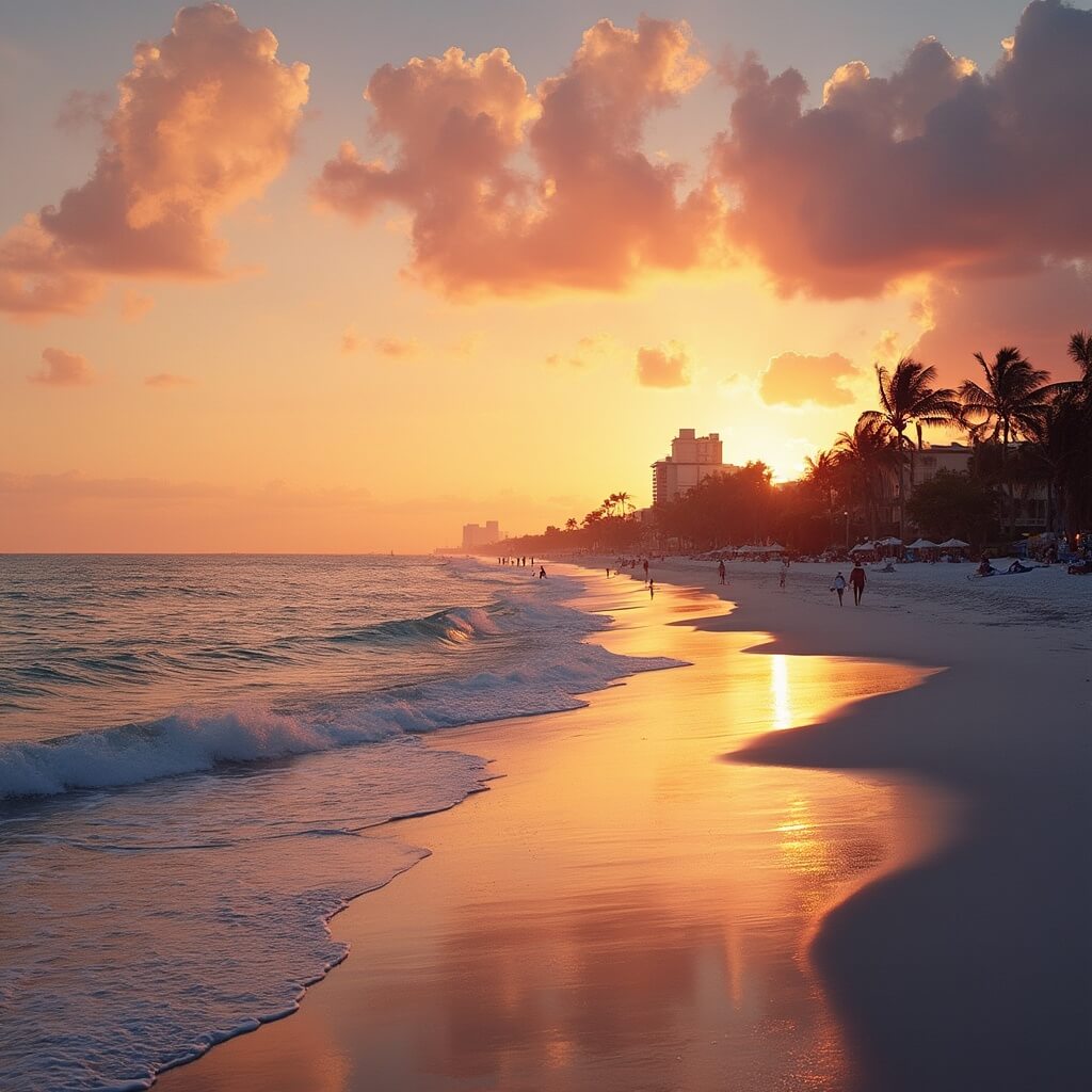 Cocoa Beach at sunset in November with palm trees, gentle waves, and scattered beachgoers reflecting vibrant hues of the sky