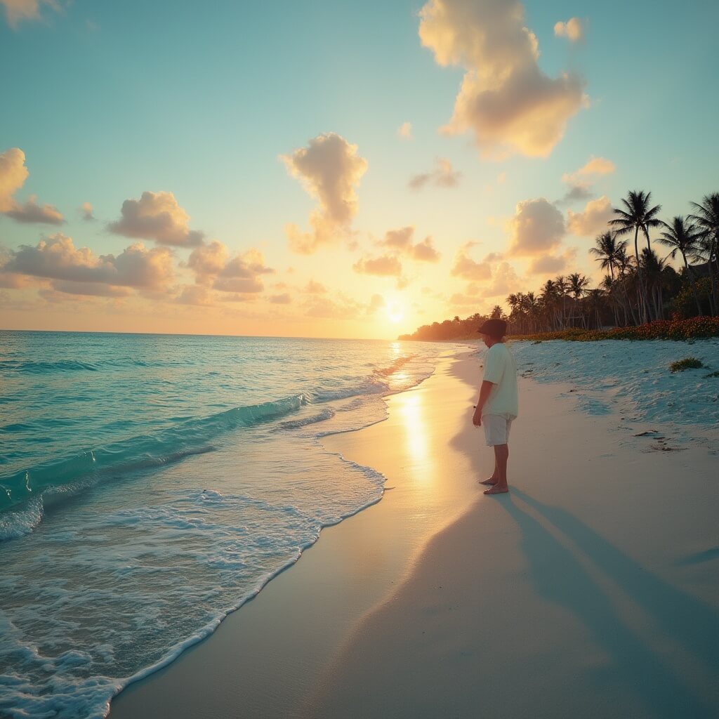 Calm and serene Cocoa Beach at golden hour with pristine sandy shore, clear turquoise waters, warm-colored clouds, and palm tree silhouettes on the horizon