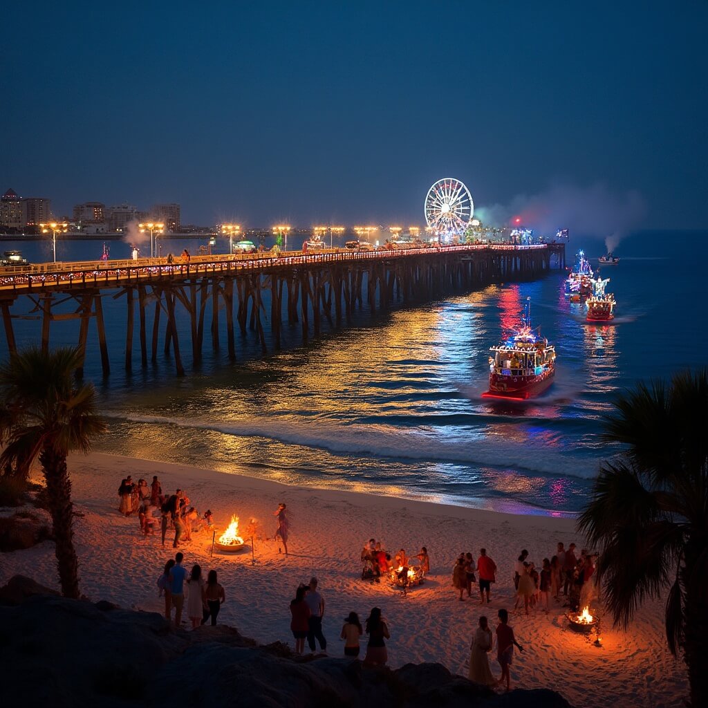 Holiday illuminated Cocoa Beach Pier extending into a dark ocean with festively decorated boats, families around bonfires on the beach, a distant glowing Ferris wheel, and silhouetted palm trees against the twilight sky.