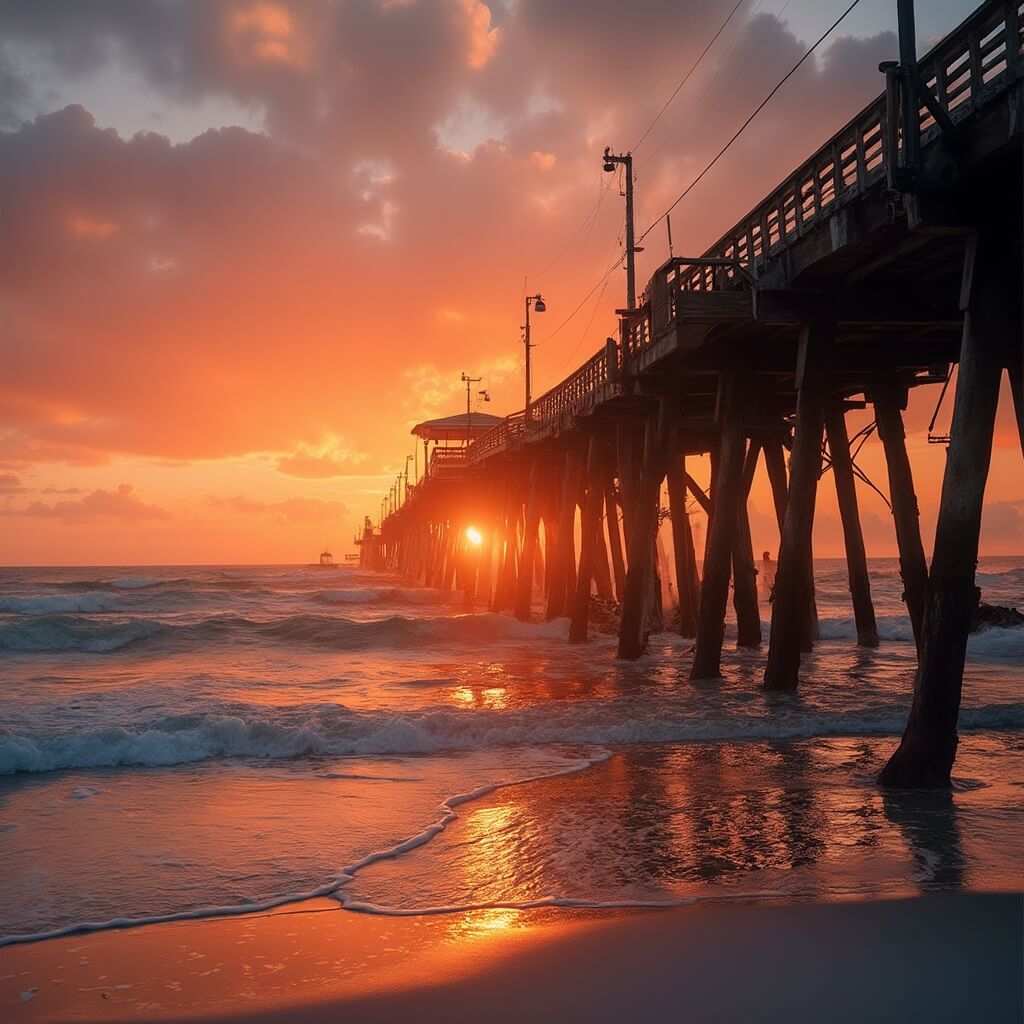 Silhouetted surfers at Cocoa Beach Pier during golden hour sunset with long shadows on sandy beach and vibrant sky