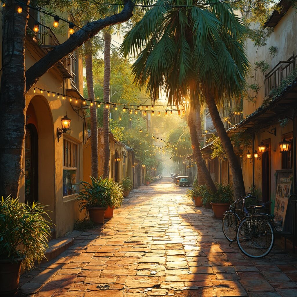 Golden hour in Coconut Grove, showcasing Mediterranean Revival architecture, banyan trees, brick pathways, local artists' work under string lights, vintage bicycles by sidewalk cafes, and palm tree shadows.