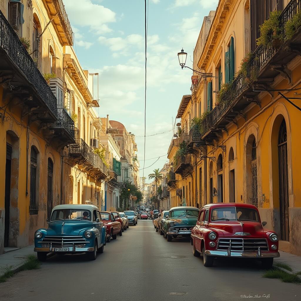 Vintage classic cars parked in bustling Little Havana with colorful traditional architecture and wrought iron balconies under warm sunlight