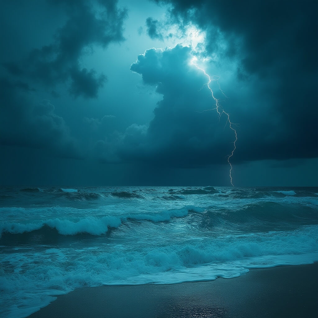 Approaching thunderstorm over turquoise ocean with lightning, churning white-capped waves, and dark clouds, illustrating extreme coastal weather conditions