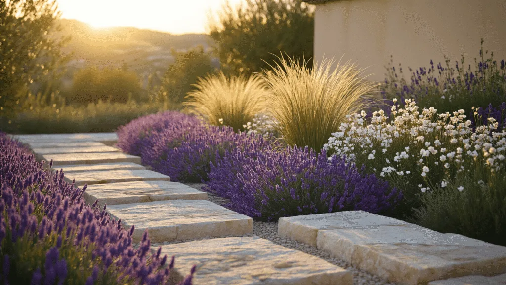 Stone Garden Beds: The Ultimate Guide to Creating a Stunning Outdoor Landscape Hyperrealistic photograph of a luxurious stone garden at sunset, showcasing weathered limestone blocks, cascading lavender, white alpine flowers, and tall grasses, with dramatic lighting and soft bokeh against a Mediterranean backdrop.