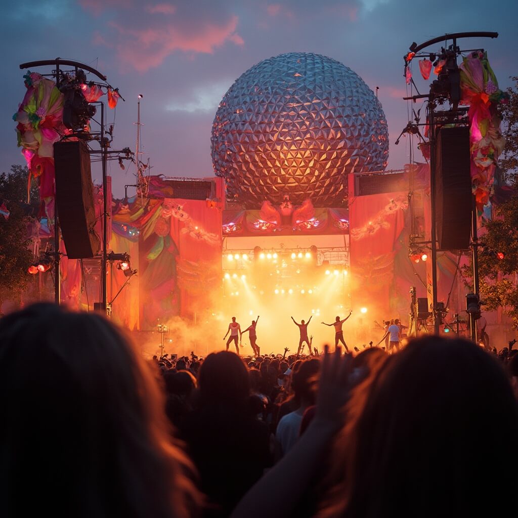 Performers on a colorful stage at EPCOT's Festival of the Arts, surrounded by intricate festival decorations under soft golden hour lighting, embodying vibrant artistic energy