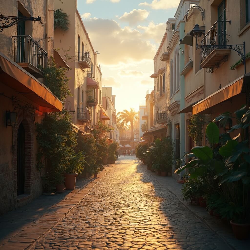 Panoramic view of Espanola Way during golden hour, highlighting cobblestone streets, pastel Art Deco buildings and tropical plants, with soft shadows creating intricate patterns