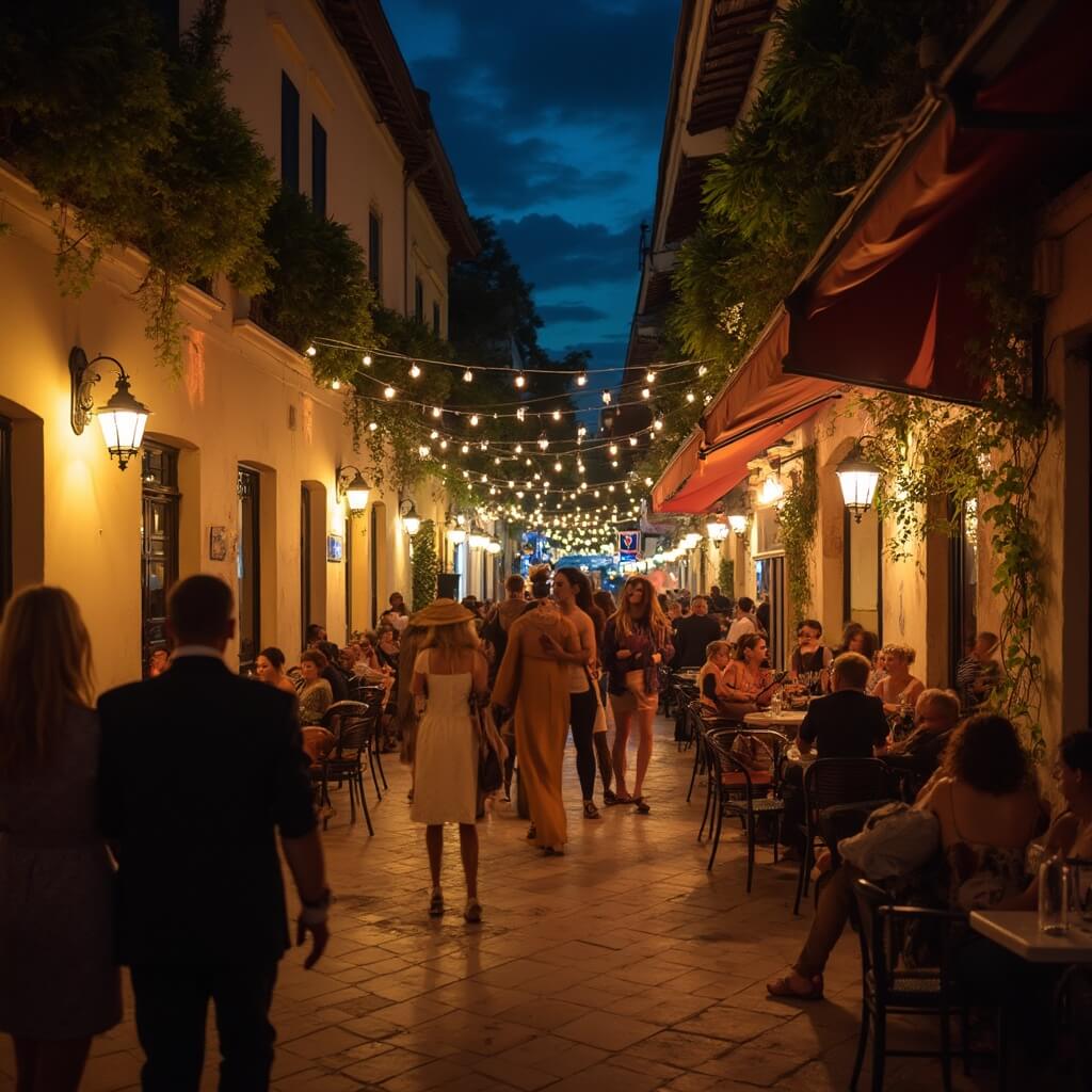 Lively night scene on Española Way in Miami Beach with warm lighting, outdoor dining, Mediterranean-style architecture, hanging plants, string lights, and people enjoying live music performances.