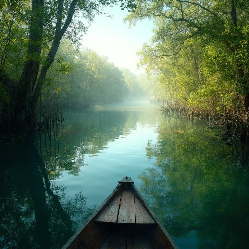 Untouched Everglades landscape with sunlight filtering through mangroves, clear water reflecting vegetation, and distant kayak, wide-angle view