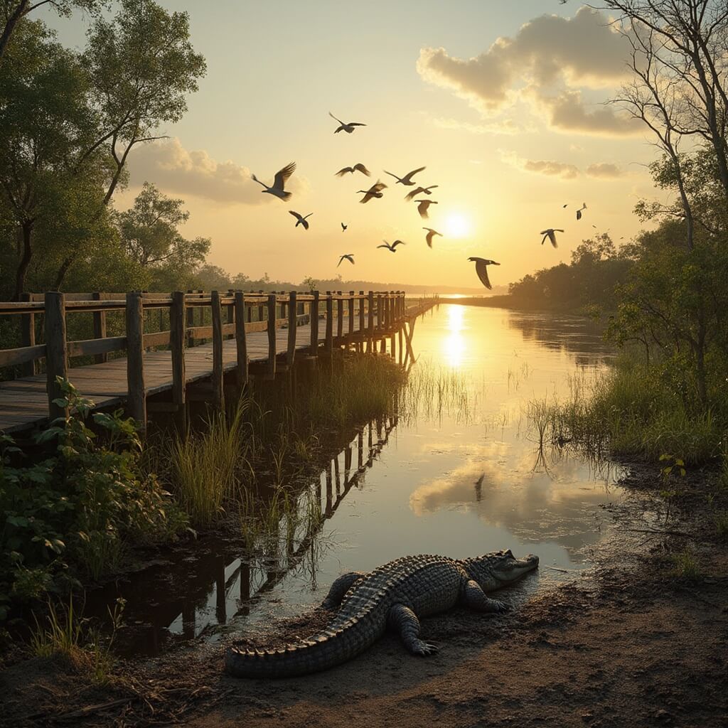 Early morning sunrise over Everglades National Park with an alligator basking on the bank, a wooden boardwalk in midst of lush vegetation and flock of white ibises flying in the distance.