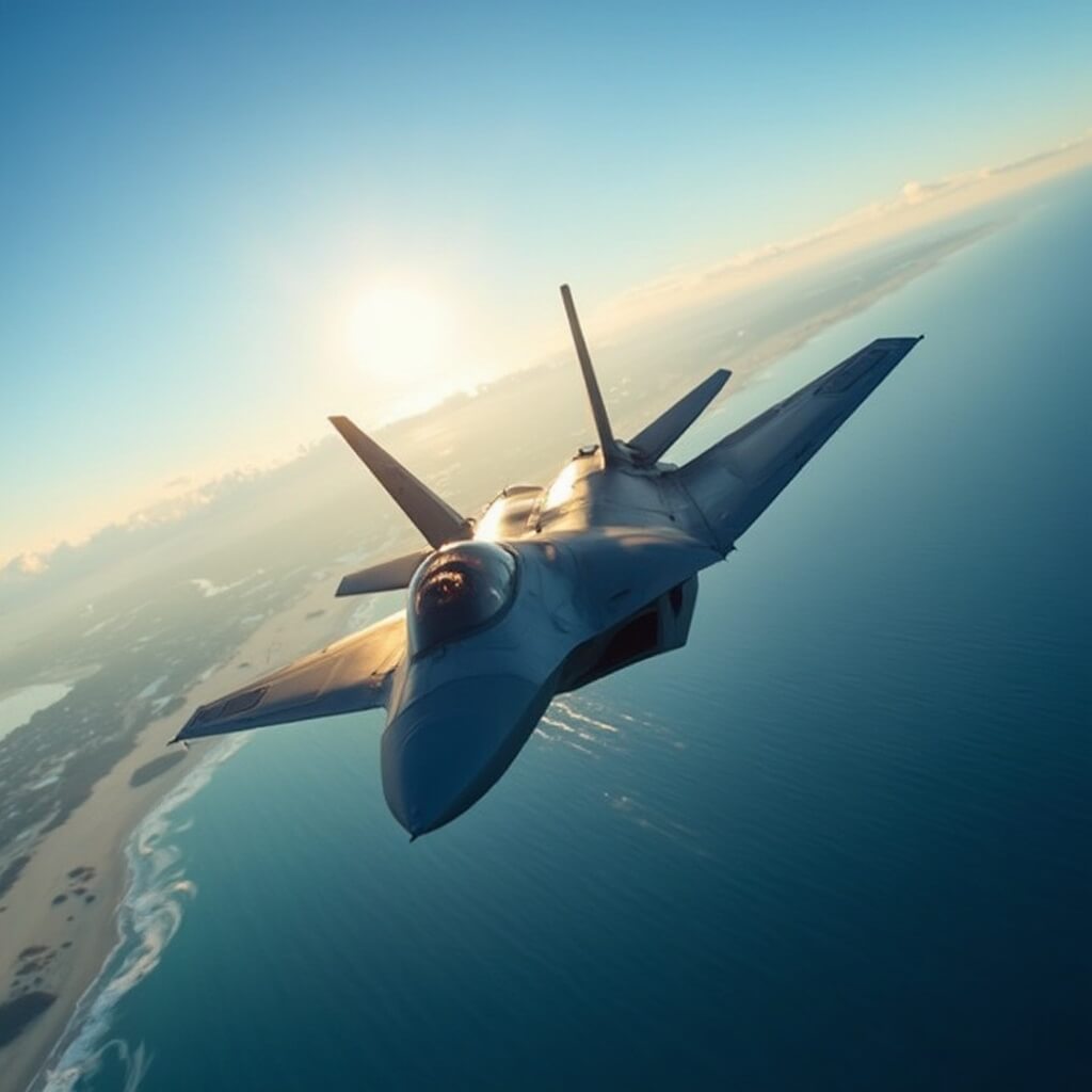 F-22 Raptor fighter jet performing high-speed maneuver in sunny Florida sky with coastline and beach in background
