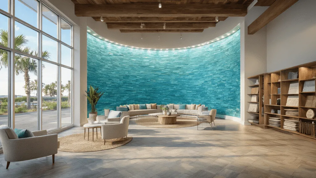 Floor & Decor Florida: Your Ultimate Flooring and Design Destination Photorealistic interior of a Florida Floor & Decor showroom showcasing a 15' curved display wall of blue-green glass tiles, with natural light, wooden beams, and stylish furniture in a coastal-modern aesthetic.