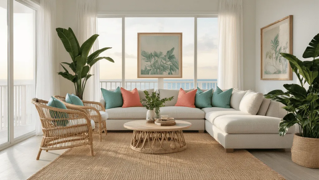 Florida Home Decor: Bringing Sunshine and Style into Your Living Space A sun-drenched Florida living room with a neutral sectional, rattan chairs, and coastal decor, illuminated by golden hour light streaming through large windows.