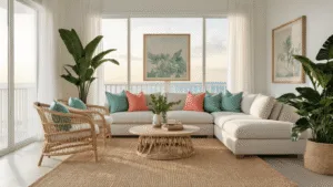 A sun-drenched Florida living room with a neutral sectional, rattan chairs, and coastal decor, illuminated by golden hour light streaming through large windows.